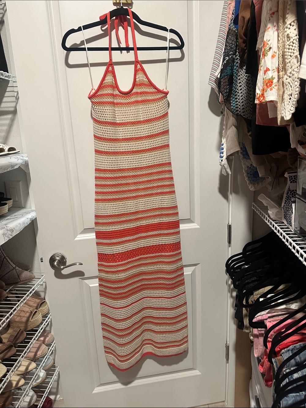 Striped Crochet Halter Maxi Dress in Coral & Cream